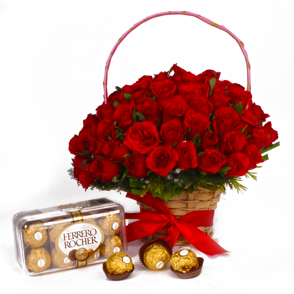 Ferrero Rocher Chocolate Box and 50 Red Roses Basket arranged