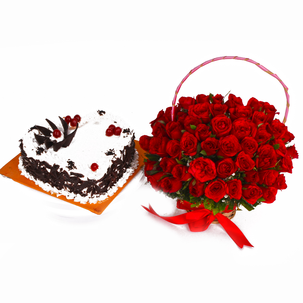 Heart Shape Black Forest Cake and Basket of Red Roses