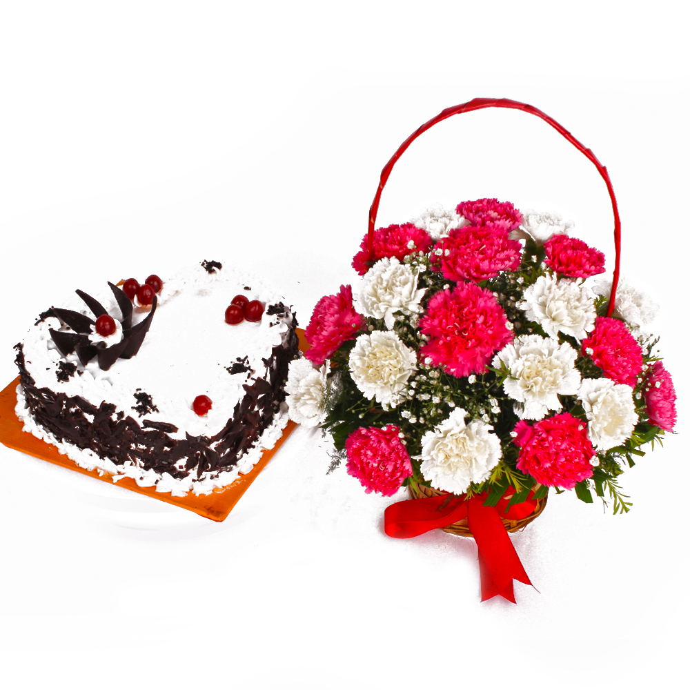 Fresh Carnations Basket with Heart Shape Black Forest Cake