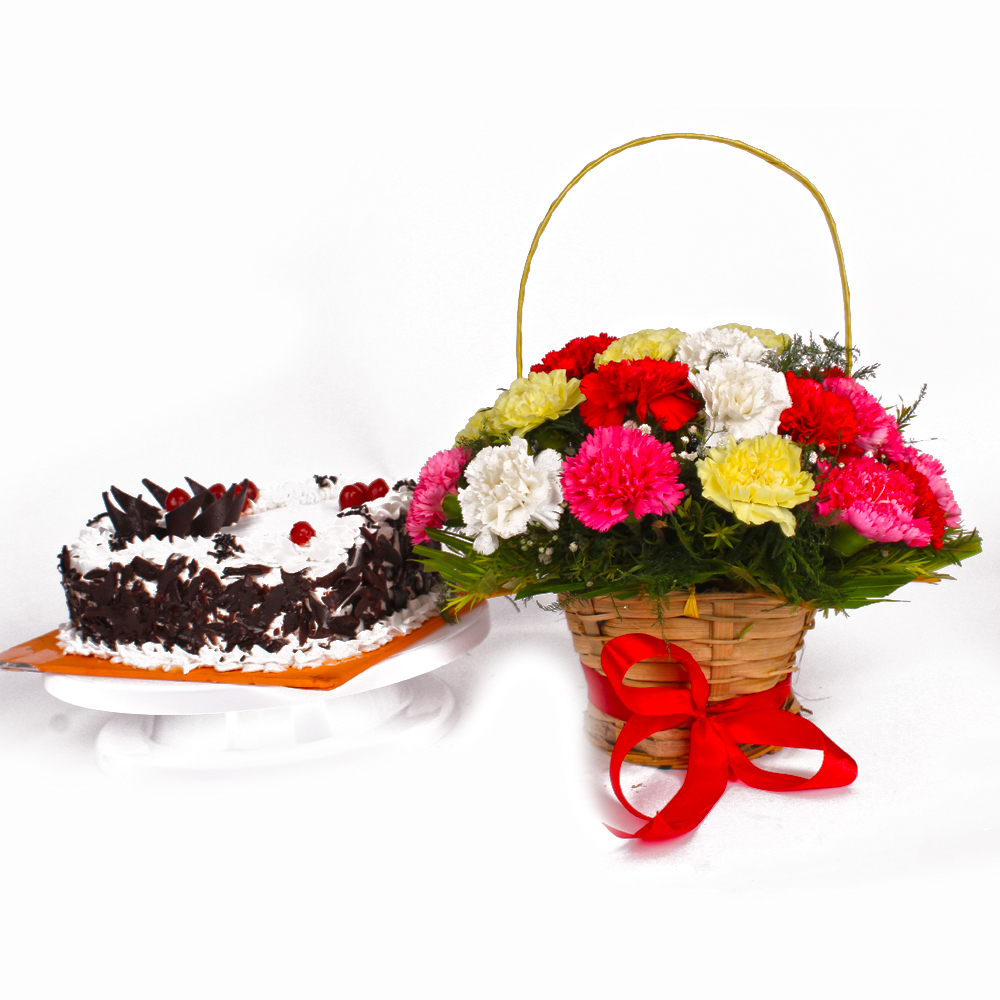 Heart Shape Black Forest Cake with Basket of Carnations