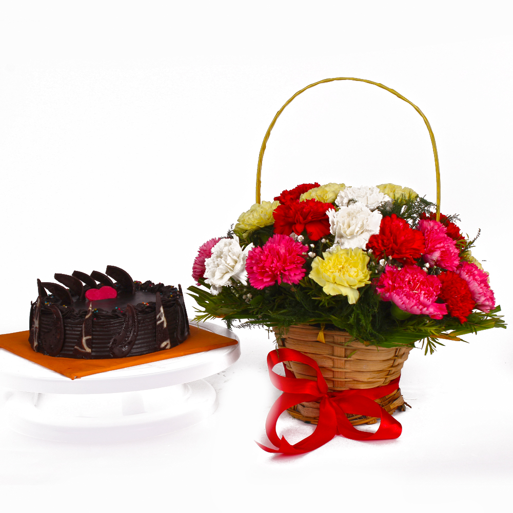 Basket of Colorful Carnations and Chocolate Cake Combo