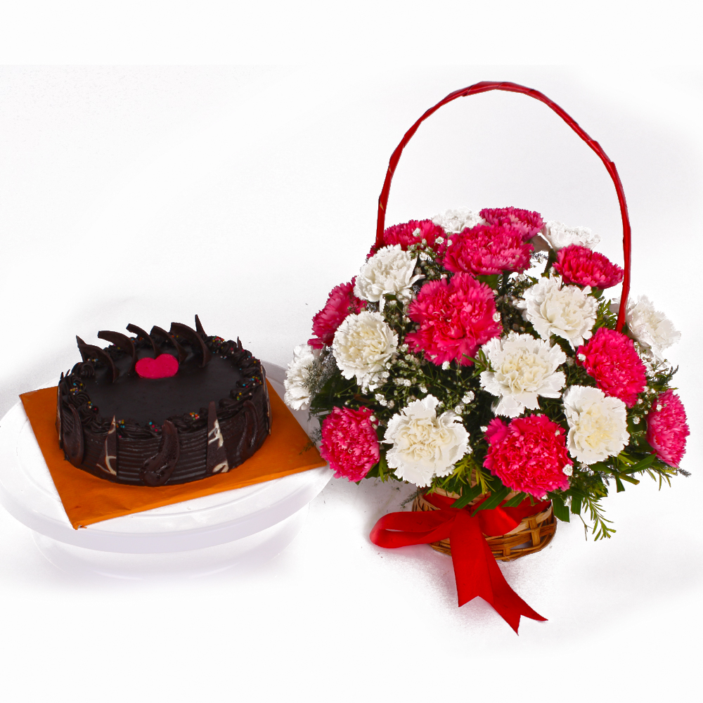 Chocolate Cake and Basket of Colorful Carnations