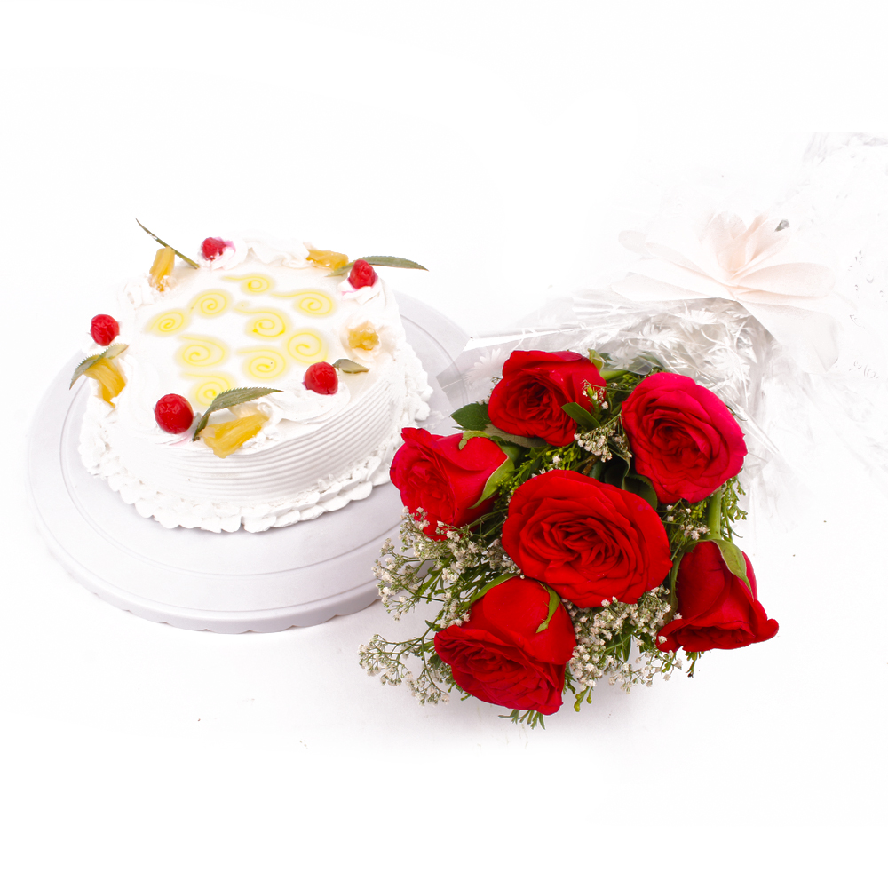Eggless Pineapple Cake and Six Red Roses Bouquet