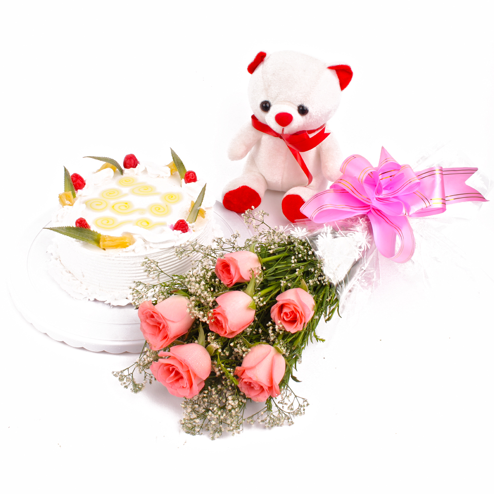 Eggless Pineapple Cake and Pink Roses with Soft Toy