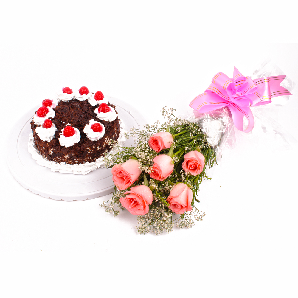 Eggless Black Forest Cake and Six Pink Roses Bouquet