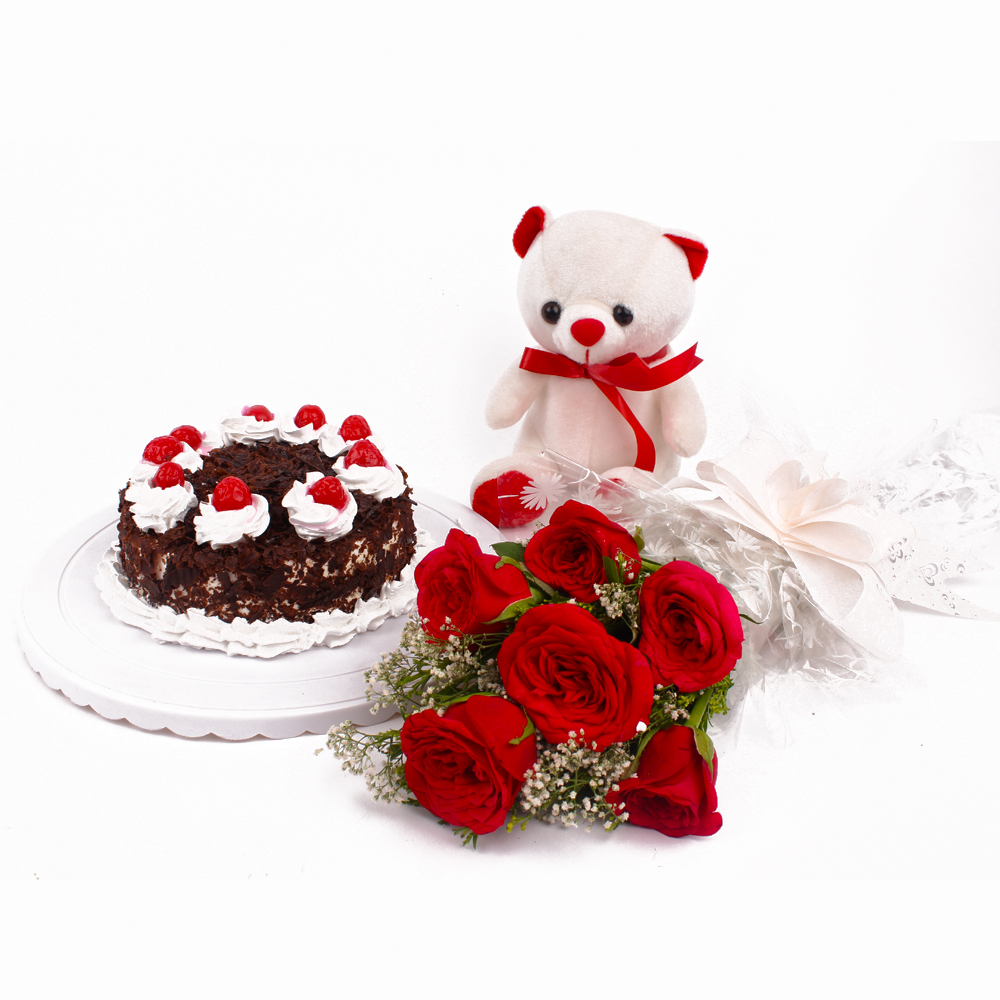 Black Forest Cake and Cute Teddy Bear with Six Red Roses
