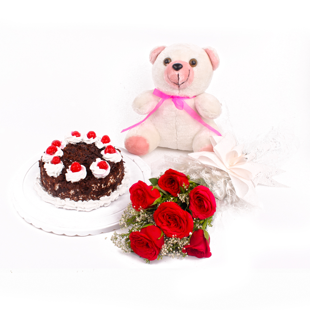 Red Roses with Eggless Black Forest Cake and Teddy Bear