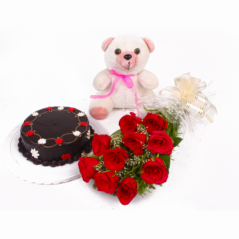 Eggless Chocolate Cake with Red Roses and Teddy Soft Toy