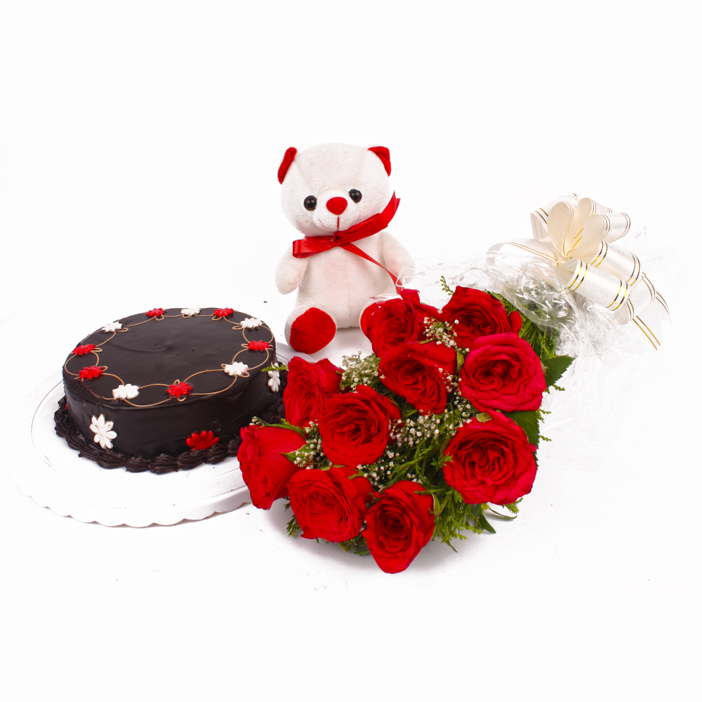Yummy Chocolate Cake with Red roses and Cuddly Bear