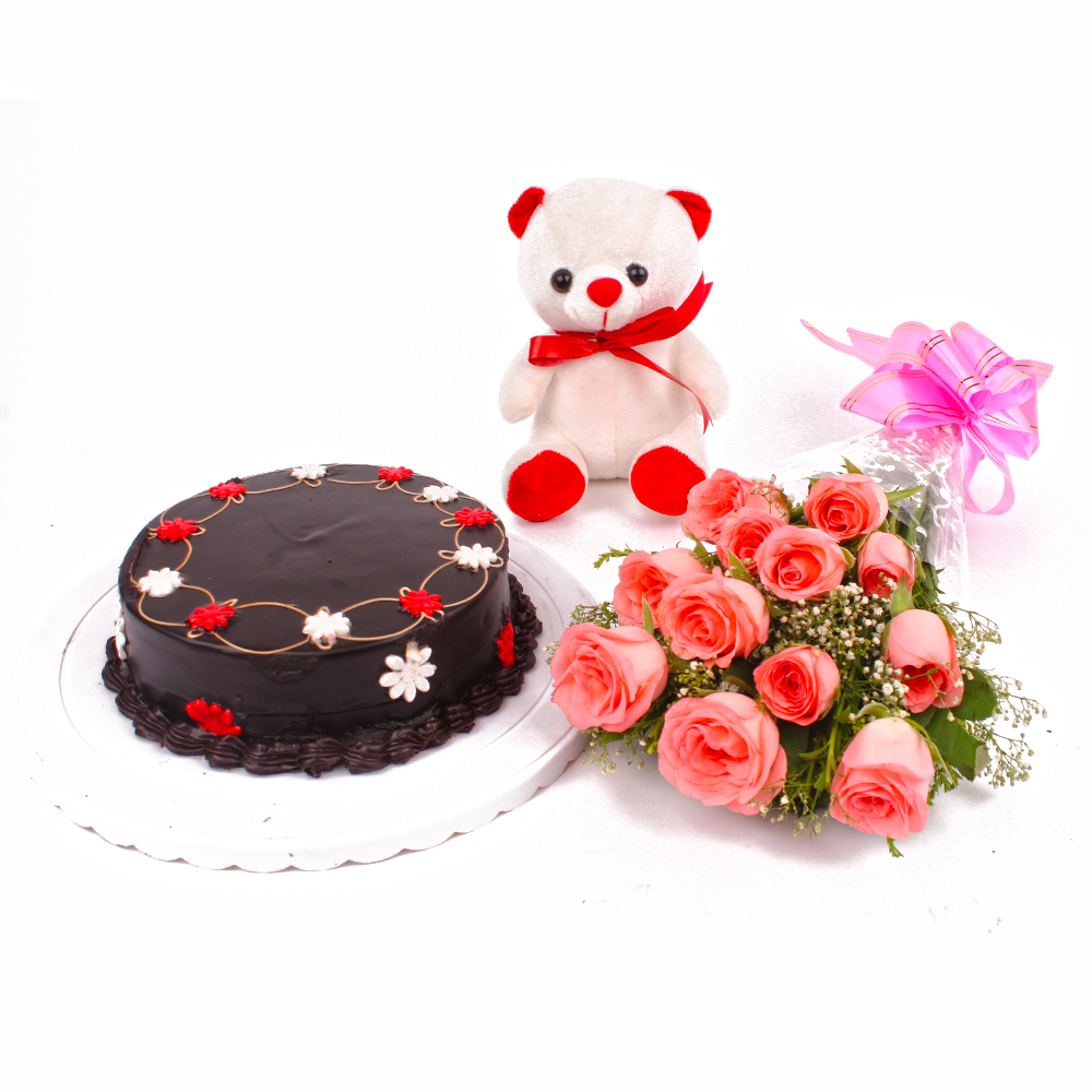Chocolate Cake and Dozen Pink Roses with Teddy Bear Combo