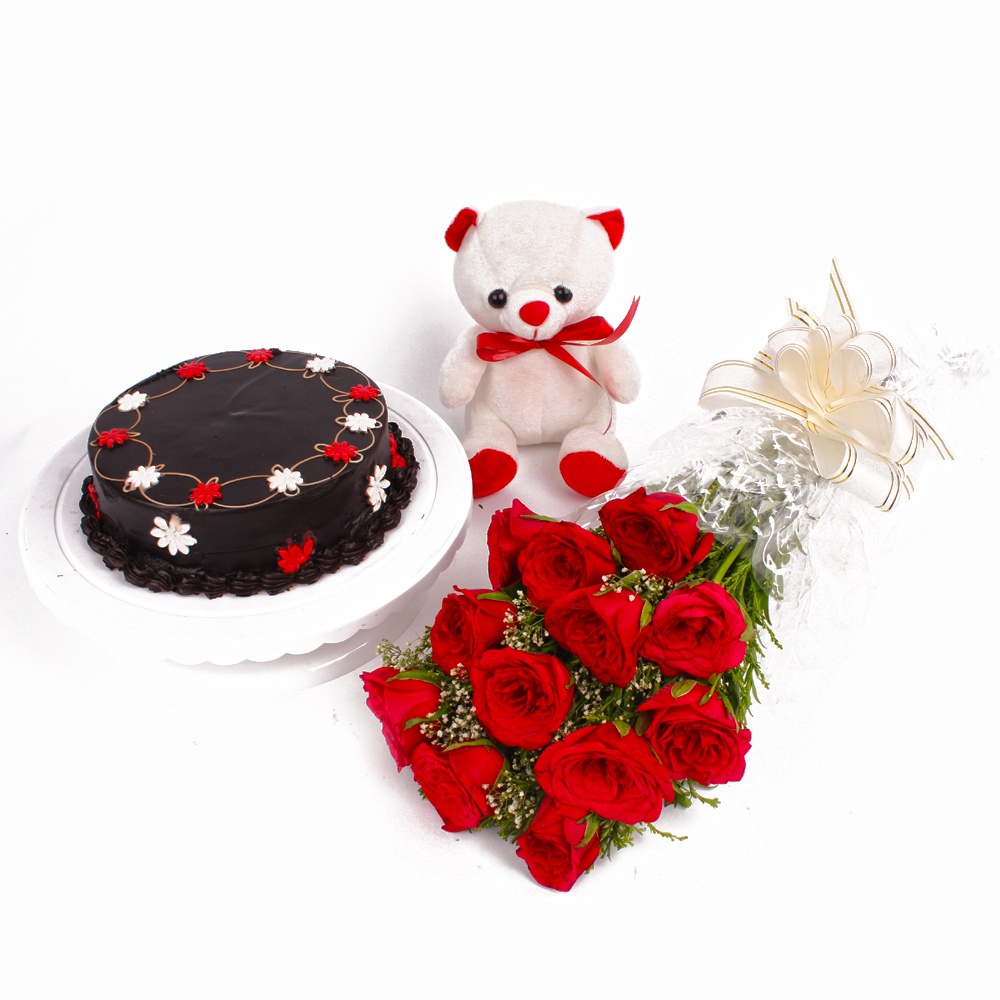 Dozen Red Roses with Chocolate Cake and Teddy Bear
