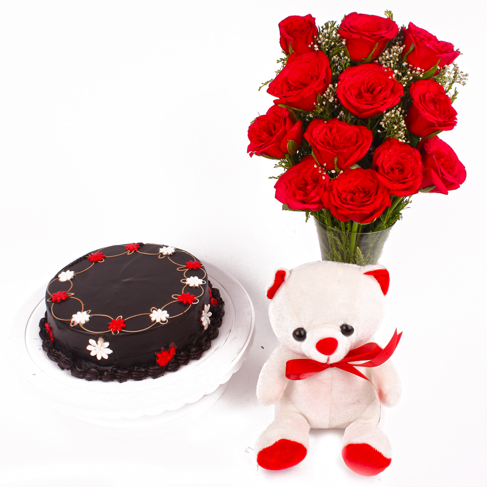 Dozen Red Roses in Vase with Teddy Bear and Chocolate Cake