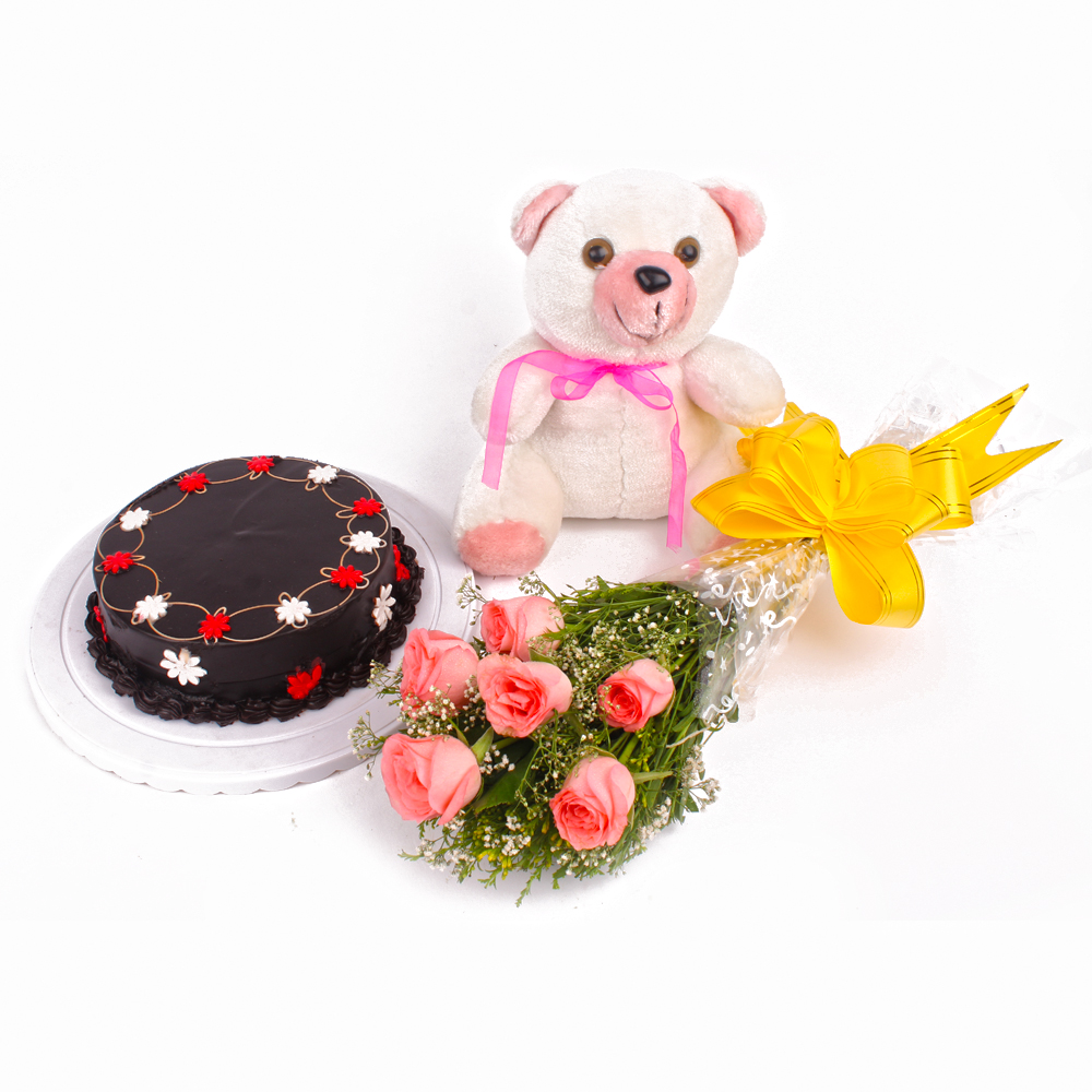 Eggless Chocolate Cake and Six Pink Roses with Teddy Bear Combo