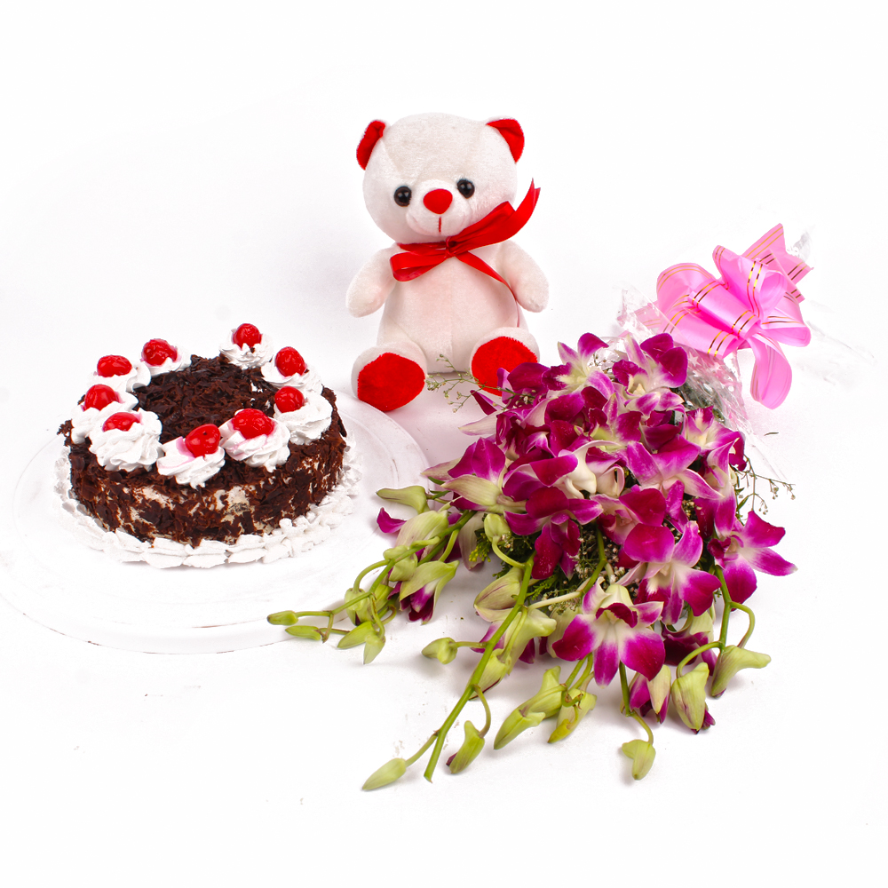 Orchids with Teddy Bear and Black Forest Cake