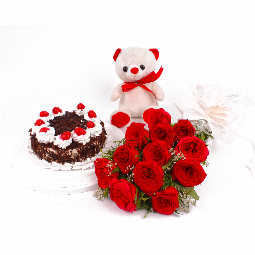 Dozen Red Rose and Half Kg Black Forest Cake with Teddy Bear