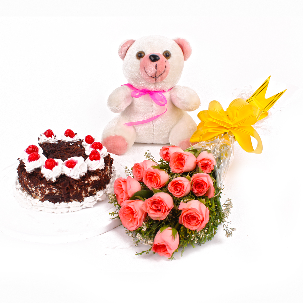 Dozen Pink Roses Bunch and Half Kg Black Forest Cake with Teddy Bear