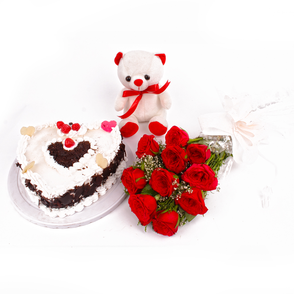 Ten Red Roses and Heartshape Black Forest Cake with Teddy Bear