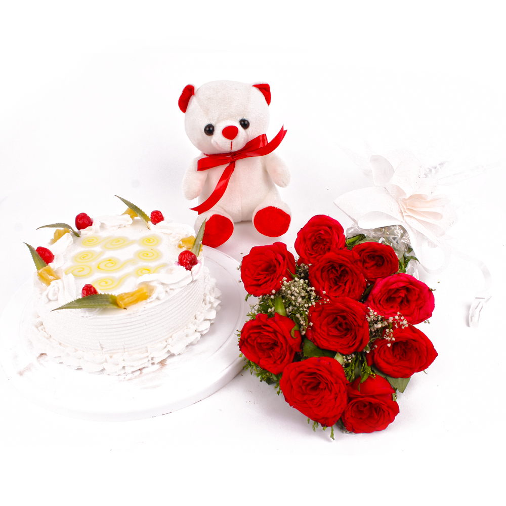 Eggless Pineapple Cake and Ten Red Roses with Teddy Bear