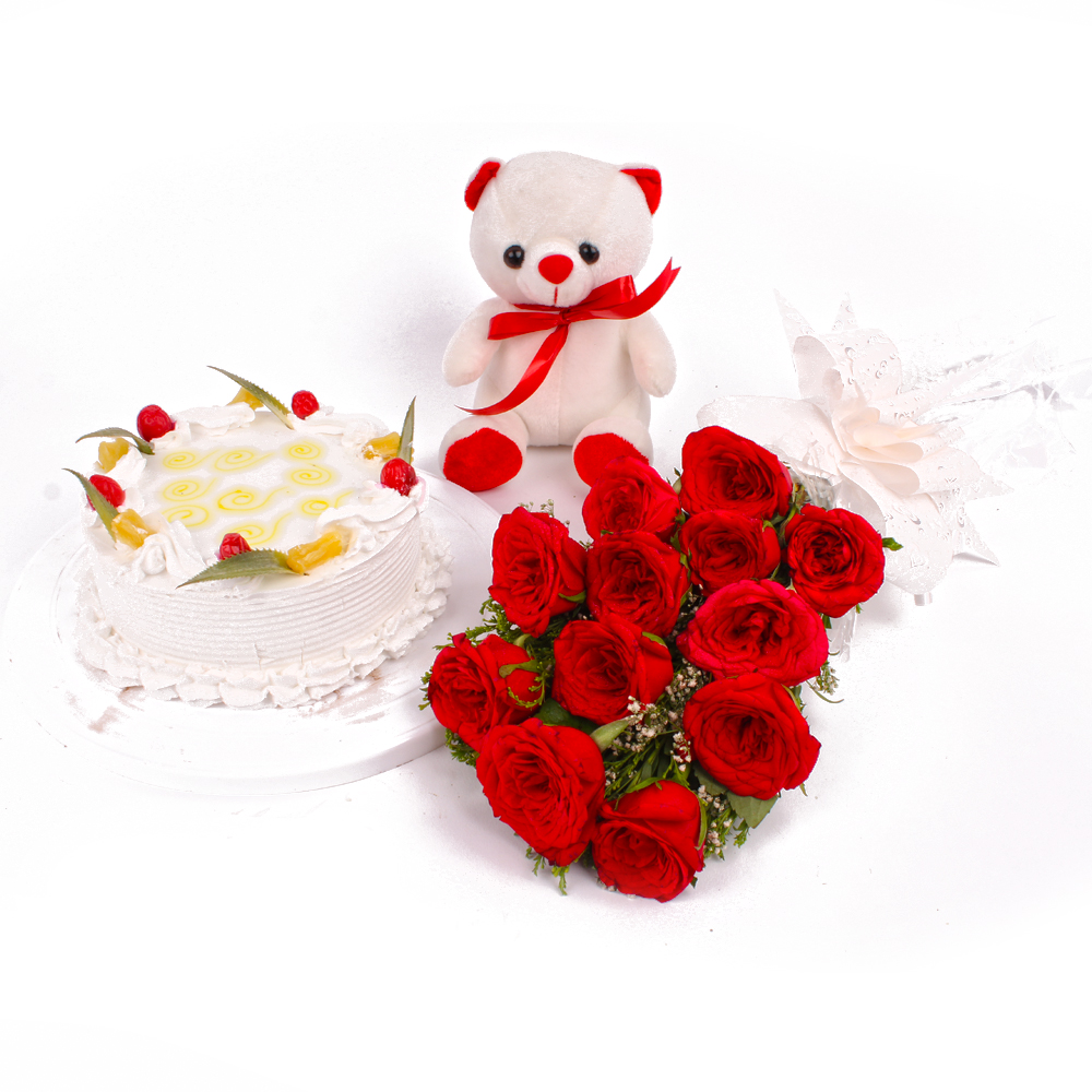 Dozen Red Roses and Pineapple Cake with Soft Toy