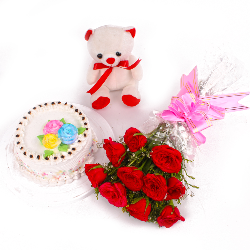 Vanilla Cake with Red Roses Bunch and Teddy Bear