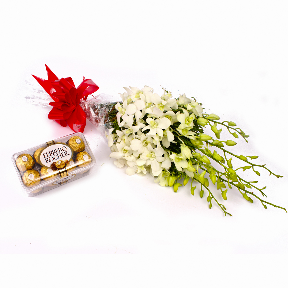 Bunch 6 White Orchids and 16 Pcs Ferrero Rocher Chocolates