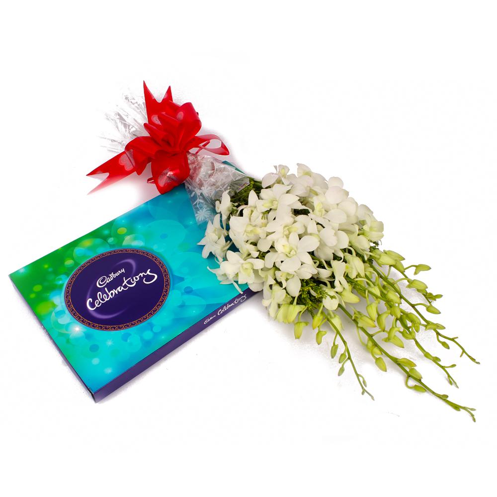 Bouquet of Six White Orchids and Cadbury Celebration Chocolate Pack