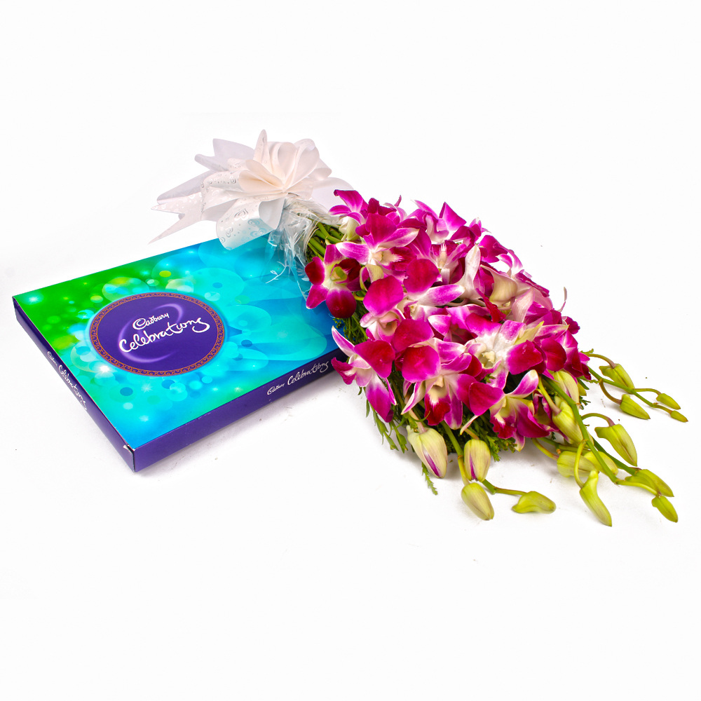 Cadbury Celebration Chocolate Box and Bouquet of Six Purple Orchids
