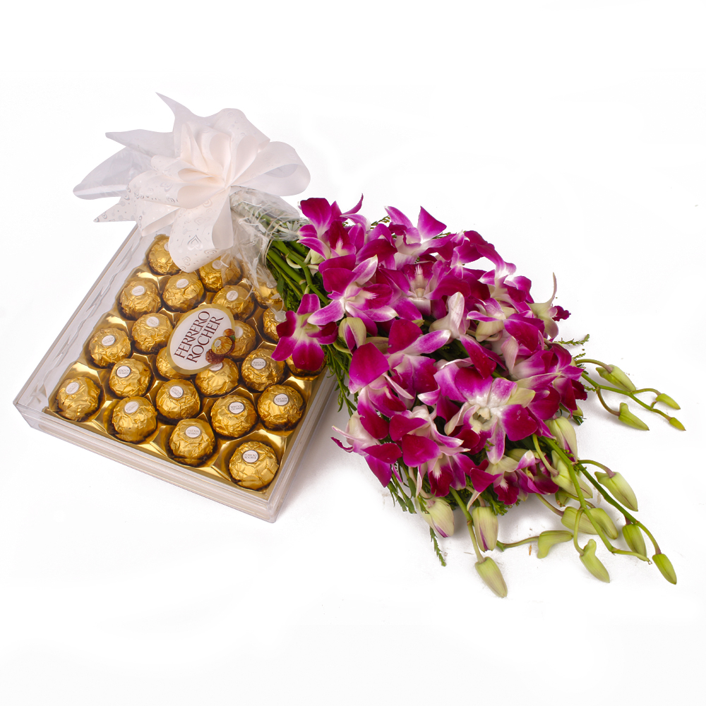 Bouquet of Six Purple Orchids and 24 Pcs Ferrero Rocher Chocolate