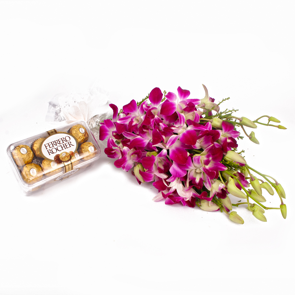 Six Purple Orchids Bunch and 16 Pcs Ferrero Rocher Chocolates