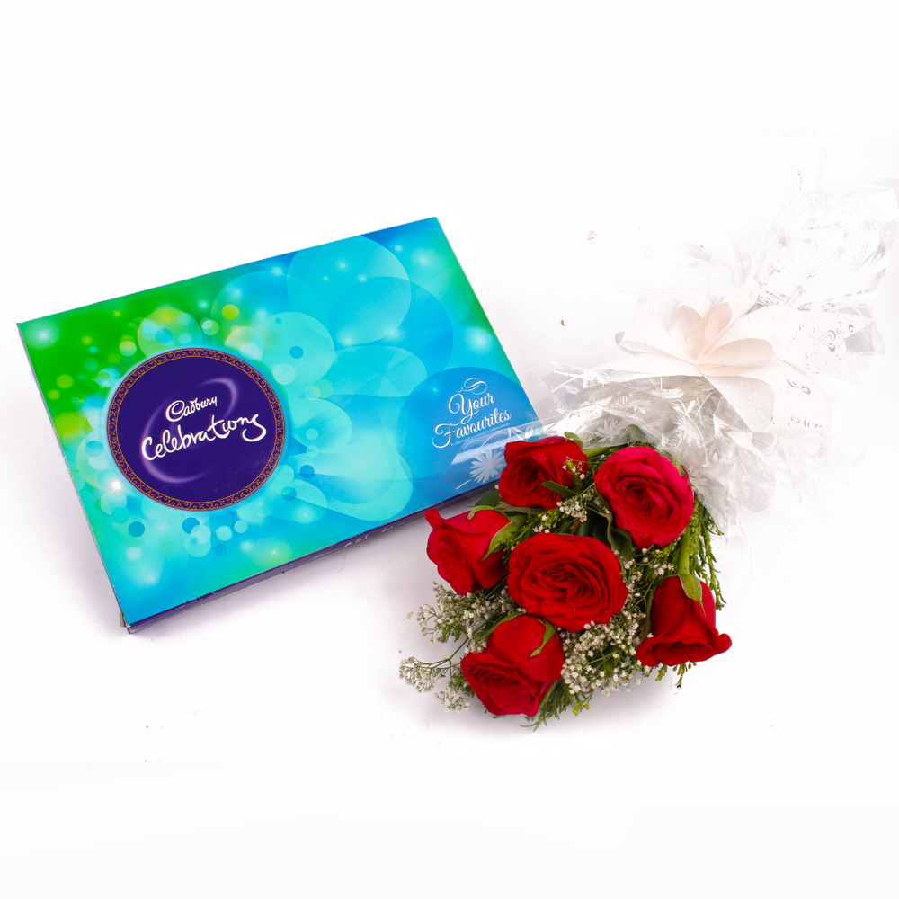 Lovely 6 Red Roses Bunch and Cadbury Celebration Chocolate Box