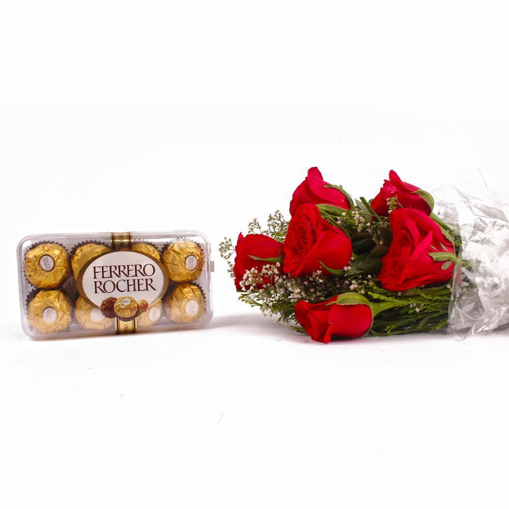 Bouquet of 6 Romantic Red Roses and 16 Pcs Ferrero Rocher Chocolate Box