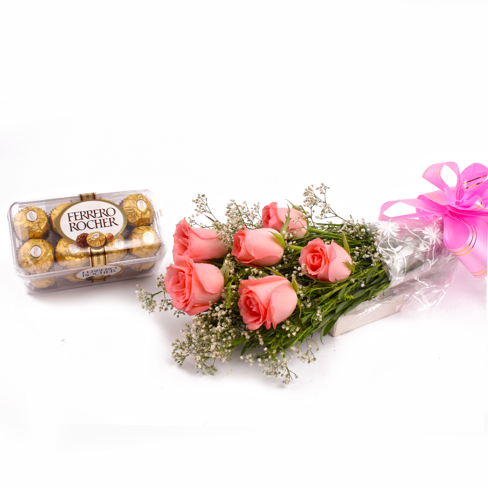 Fererro Rocher Chocolates 200 Gms and Bunch of 6 Pink Roses Combo