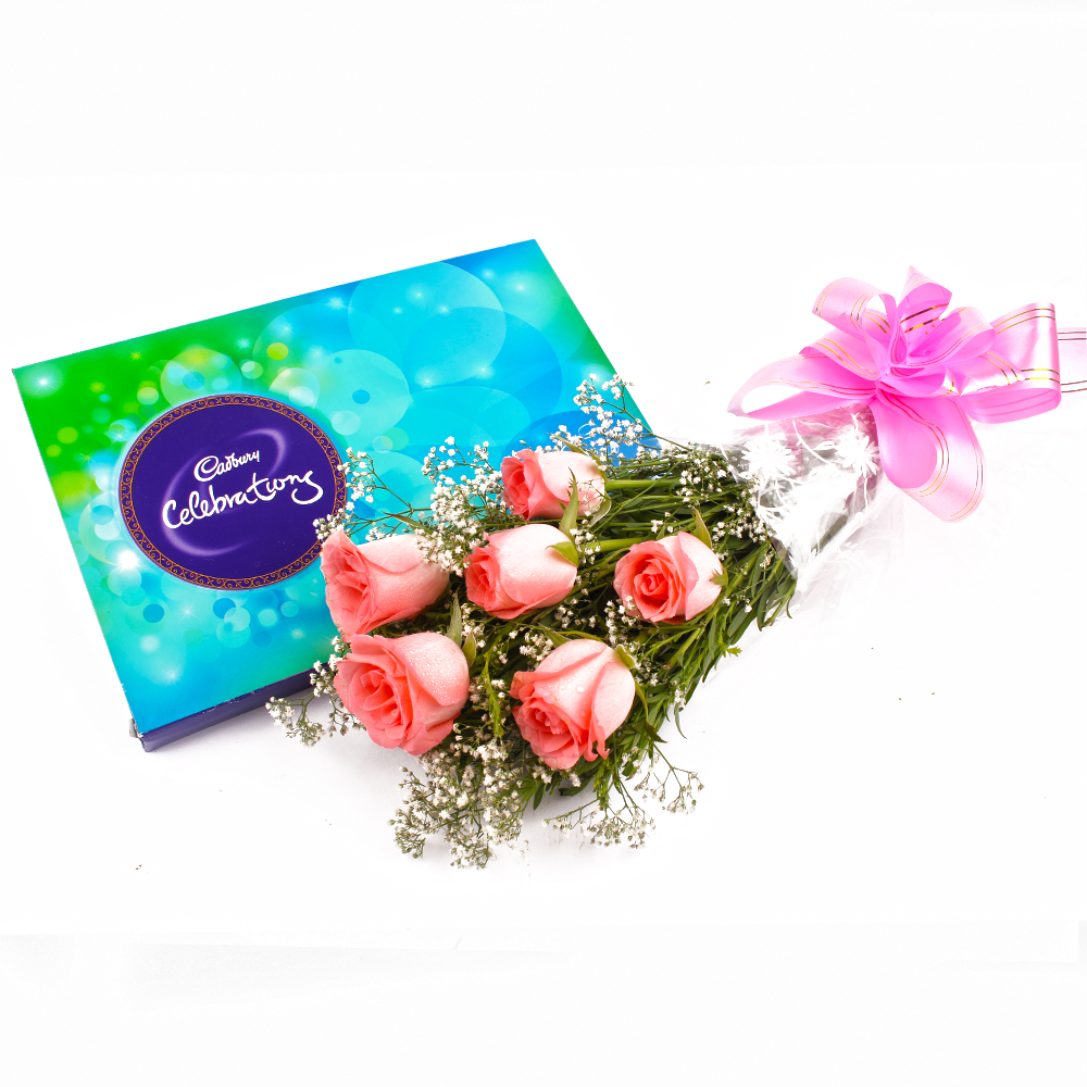 Cadbury Celebration Chocolate Box and Bouquet of 6 Pink Roses