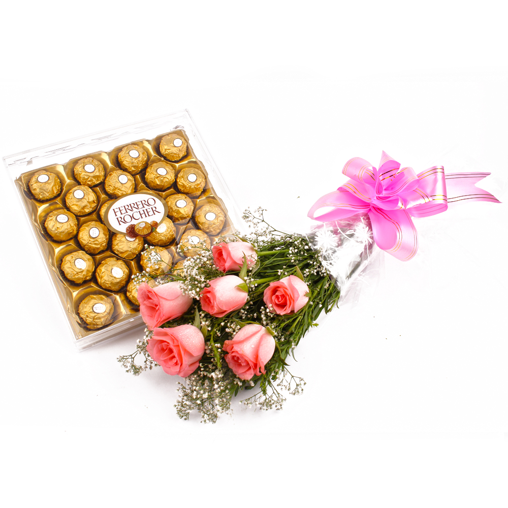 Pretty Six Pink Roses and 24 Pcs Ferrero Rocher Chocolates