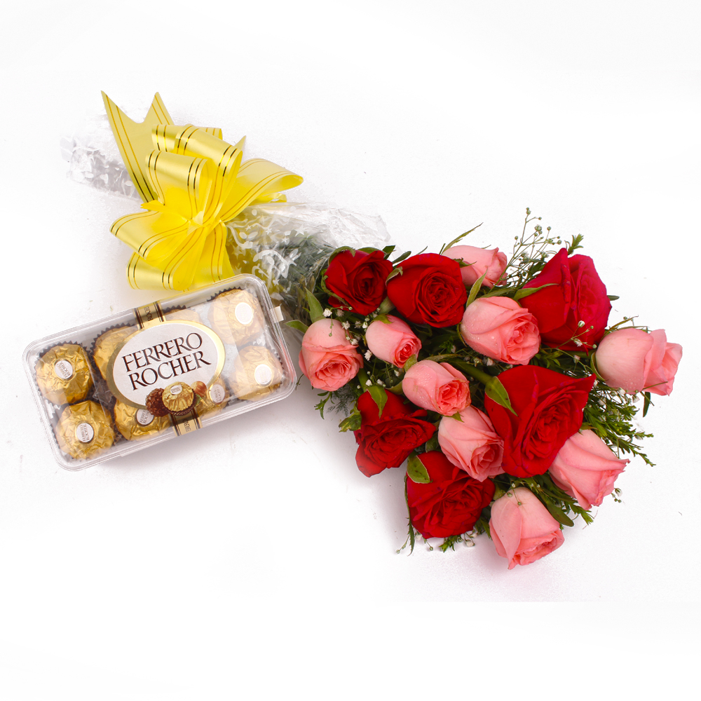 Fifteen Red and Pink Roses and 16 pcs Ferrero Rocher Chocolates
