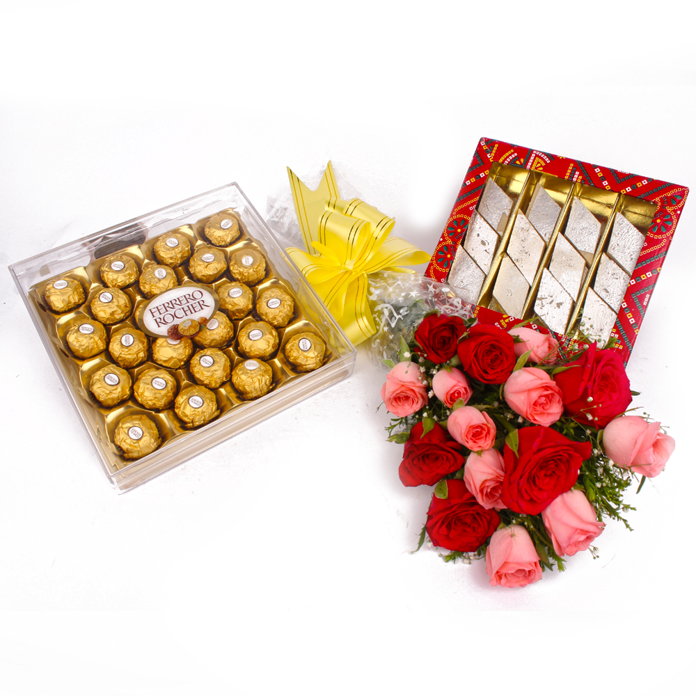 Combo of Red and Pink Roses with Ferrero Rocher Chocolate and Kaju Katli Sweets