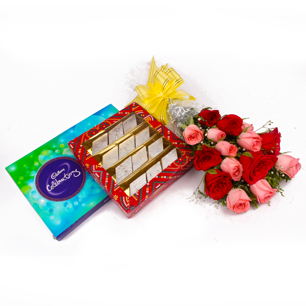 Alluring Roses and Kaju Katli Sweet with Celebration Chocolate Box