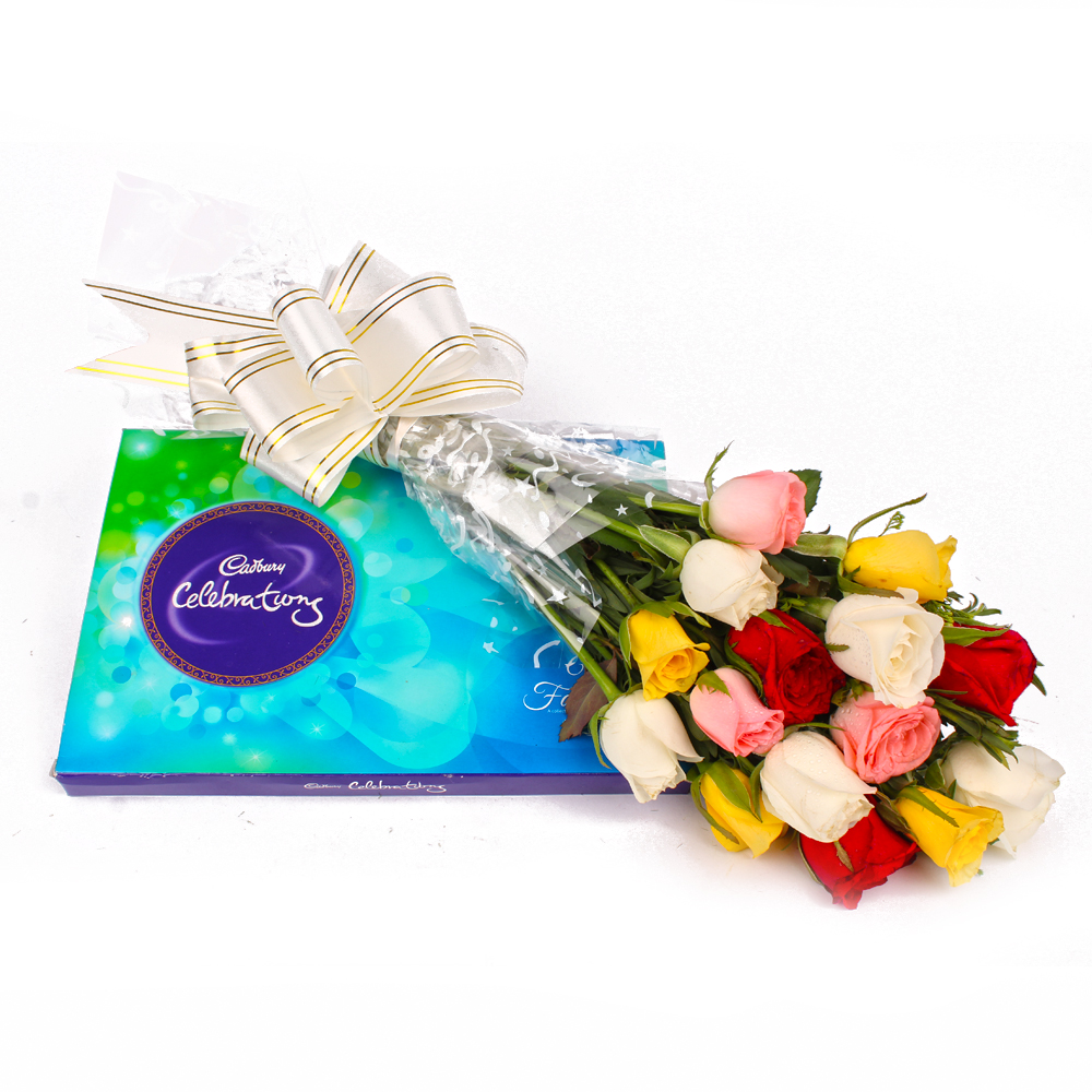 Assorted 15 Color Roses and Celebration Chocolate Box