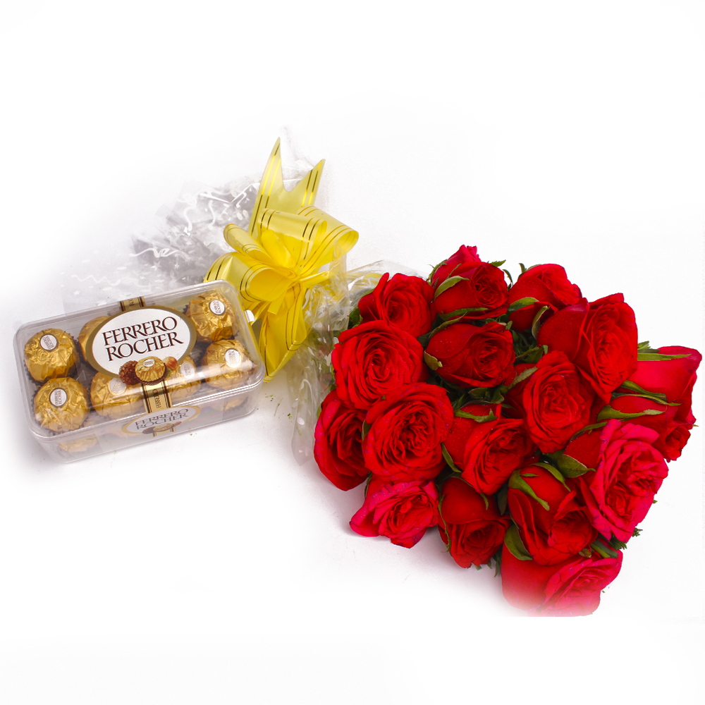 Gorgeous 15 Red Roses and Ferrero Rocher Chocolate Box
