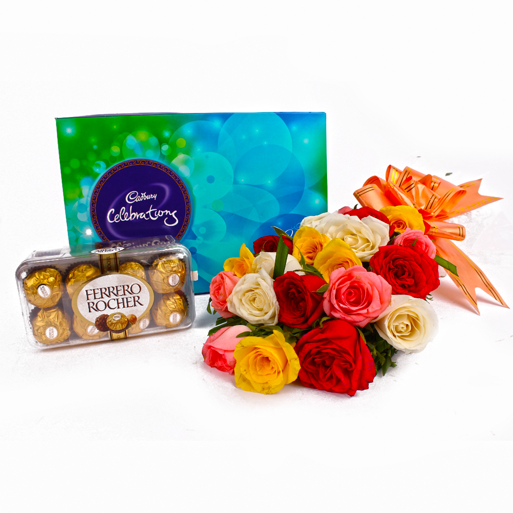 Colorful Roses and Ferrero Rocher with Celebration Chocolate Combo