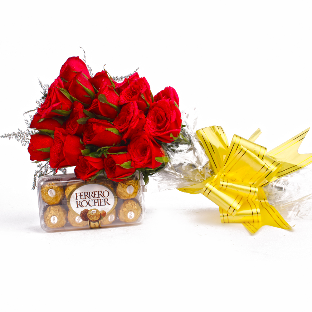 Twenty Romantic Roses and 16 pcs Ferrero Rocher Chocolates