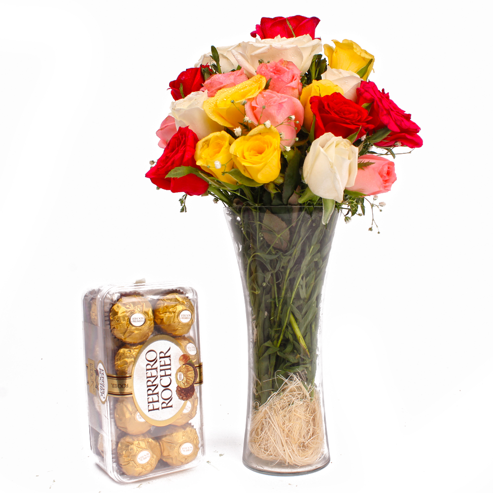 Multi colour Roses arrange in a Vase and 16 pcs Ferrero Rocher Chocolates