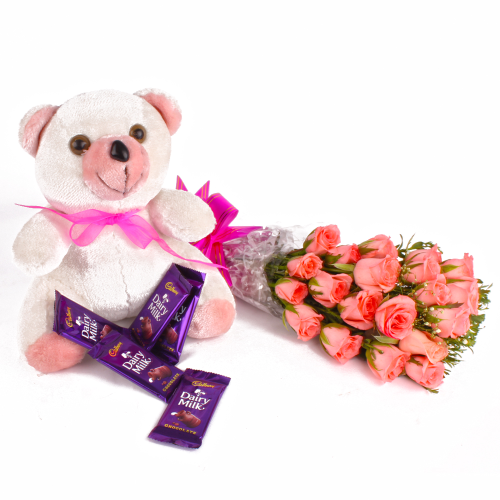 Pink Roses and Cute Teddy with Cadbury Dairy Milk Bars