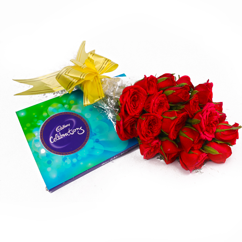 Bouquet of 20 Red Roses and Cadbury Celebration Chocolate Box Combo