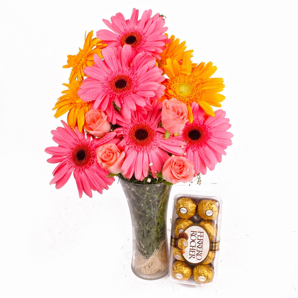 Glass Vase Arrangment of Roses and Gerberas Flowers with Ferrero Rocher Chocolate Box
