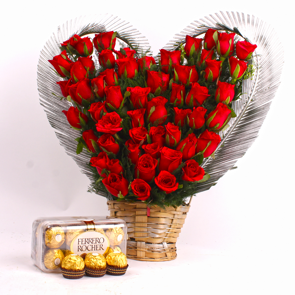 Fifty Red Roses Heart Shape arranged and Ferrero Rocher Chocolate Box