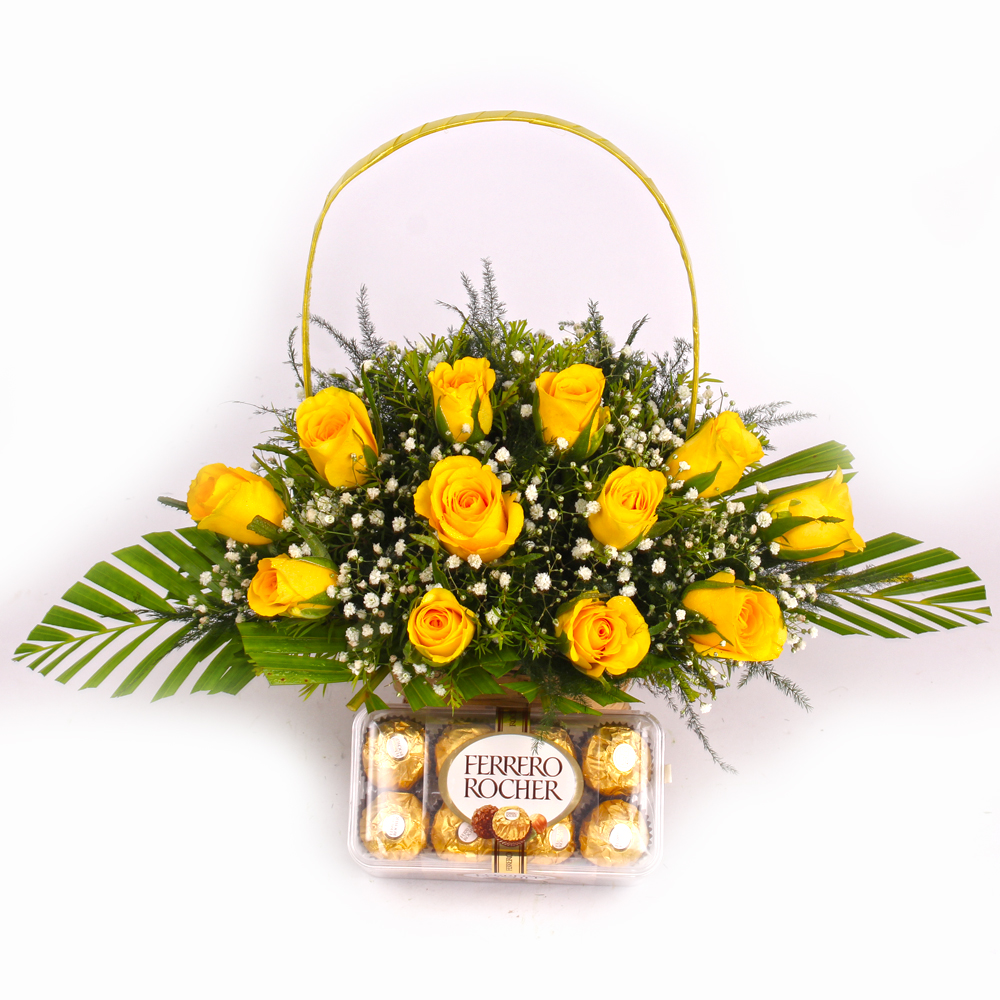 Basket arranged of yellow Roses and Ferrero Rocher Chocolate Box