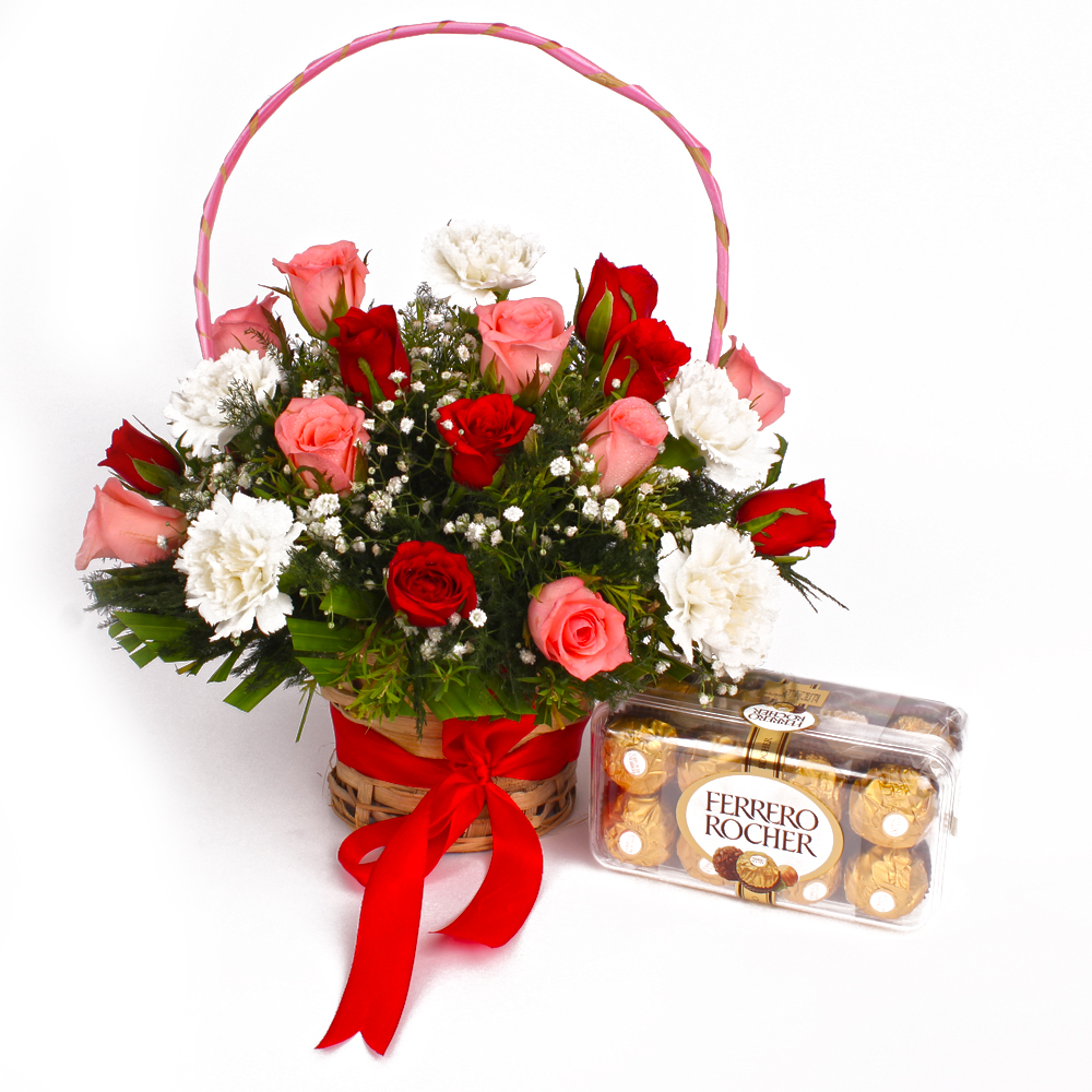 arranged of Roses with Carnations  and Ferrero Rocher Chocolate Box