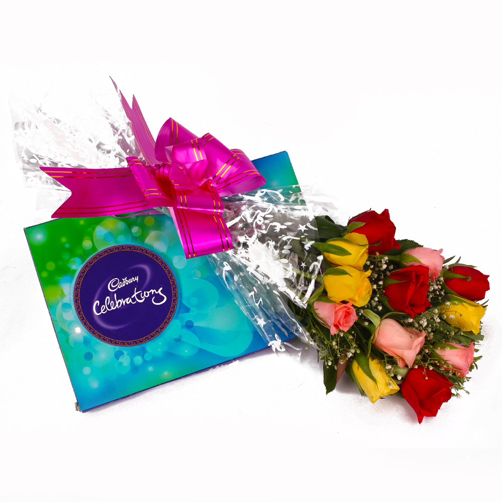 Bunch of 12 Multi colour Roses and Cadbury Celebration Chocolate Box