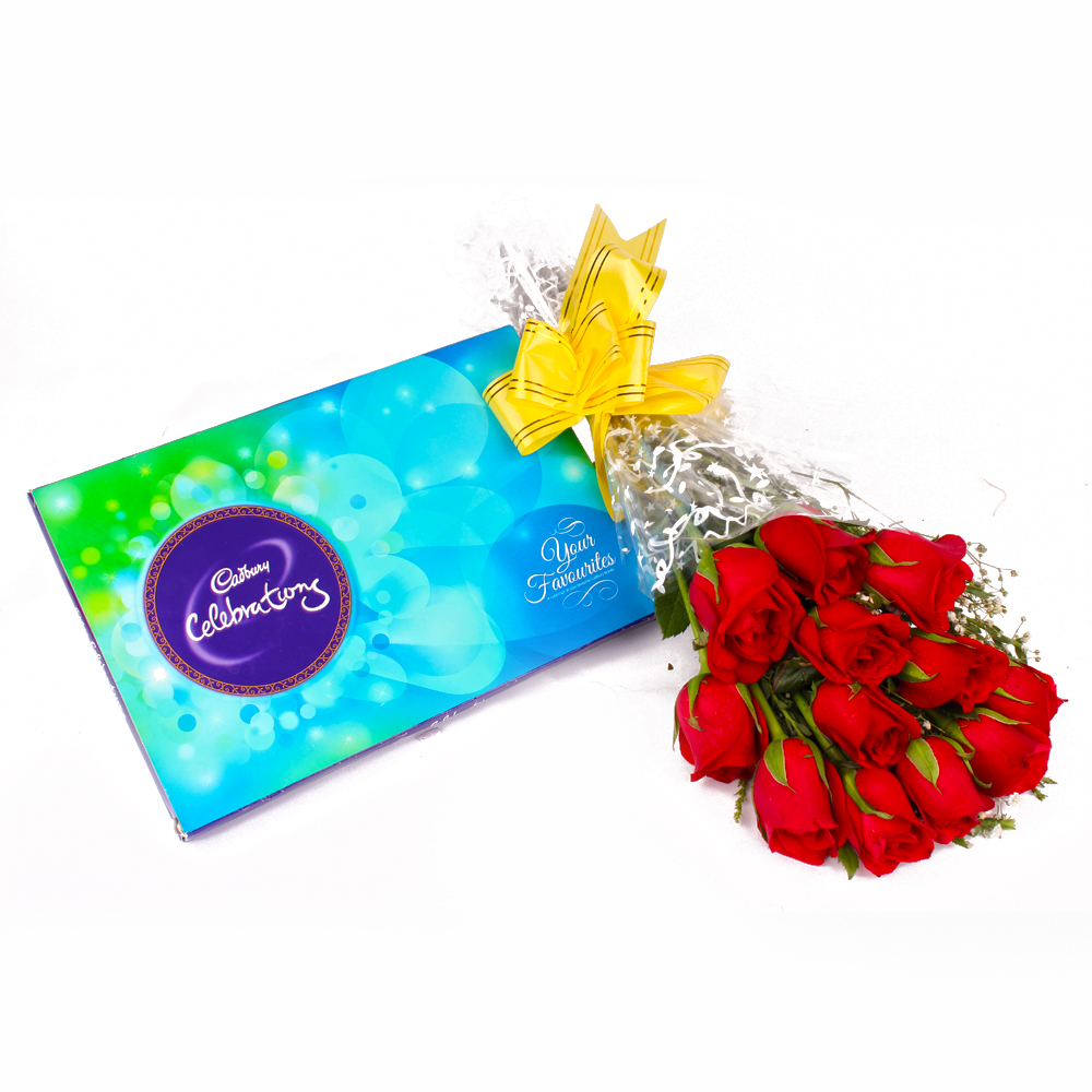 Bouquet of 12 Romantic Red Roses and Cadbury Celebration Chocolate Box